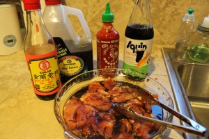 Boneless chicken thighs marinated in Soy, Dark Soy, Fish Sauce and Sriracha Hot Sauce.